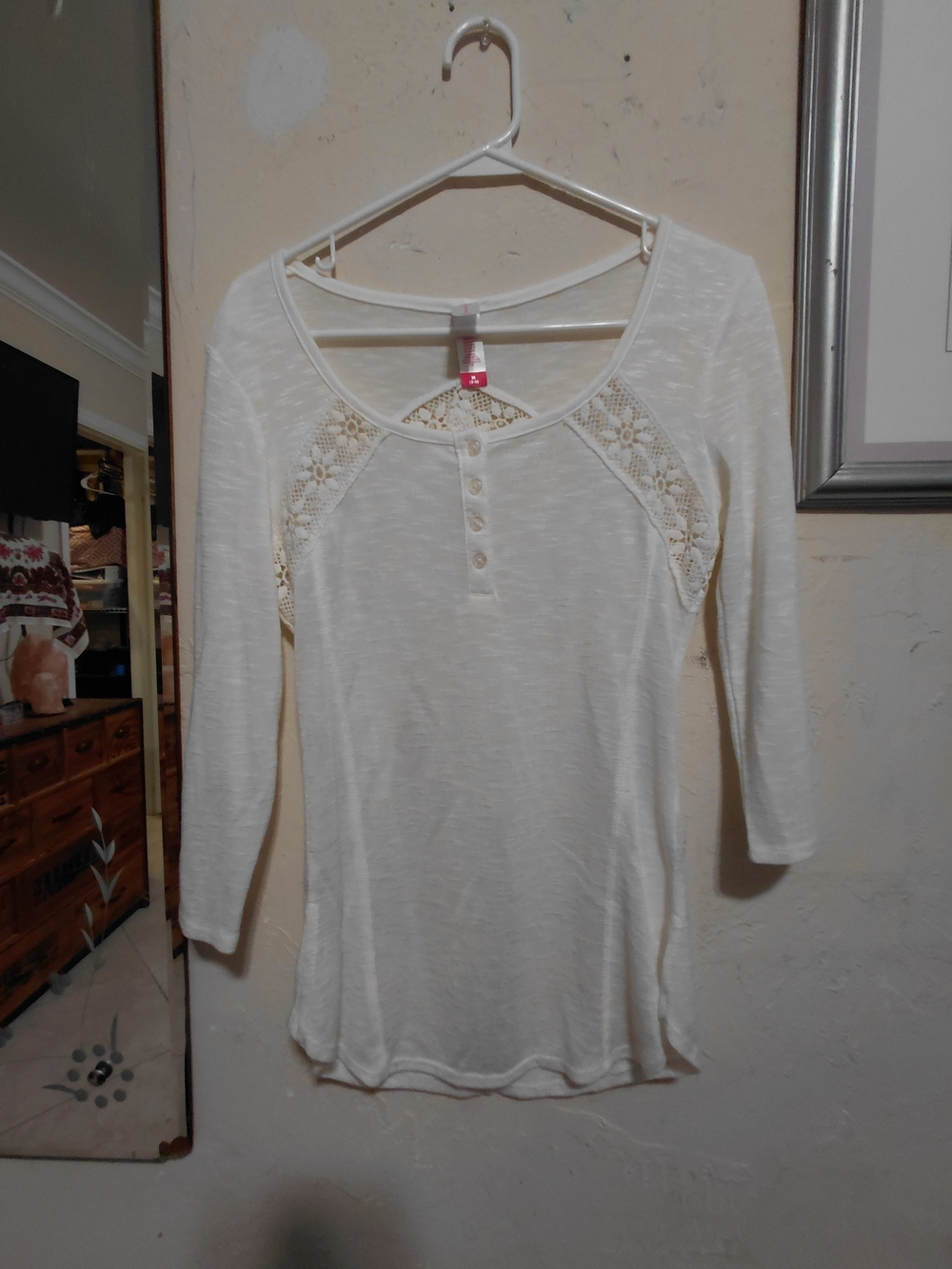 No Boundaries White Lace-Trim Henley Long Sleeve Top